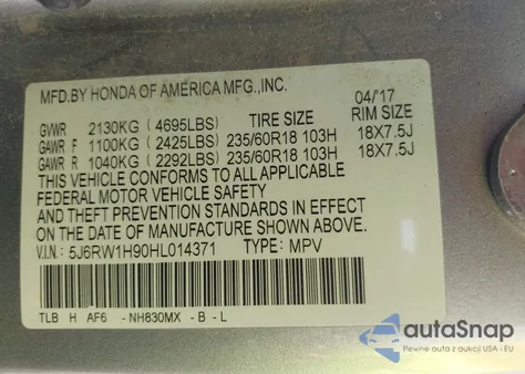 2017 Honda Cr-V Touring from USA, damaged, VIN 5J6RW1H90HL014371